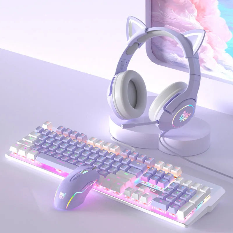 Purple and white mechanical keyboard and mouse set with matching headphones on desk