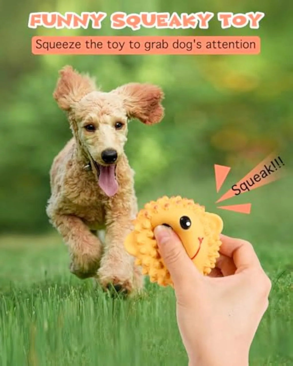 Orange and yellow spiky latex dog toys with animal designs, approximately 3 inches diameter