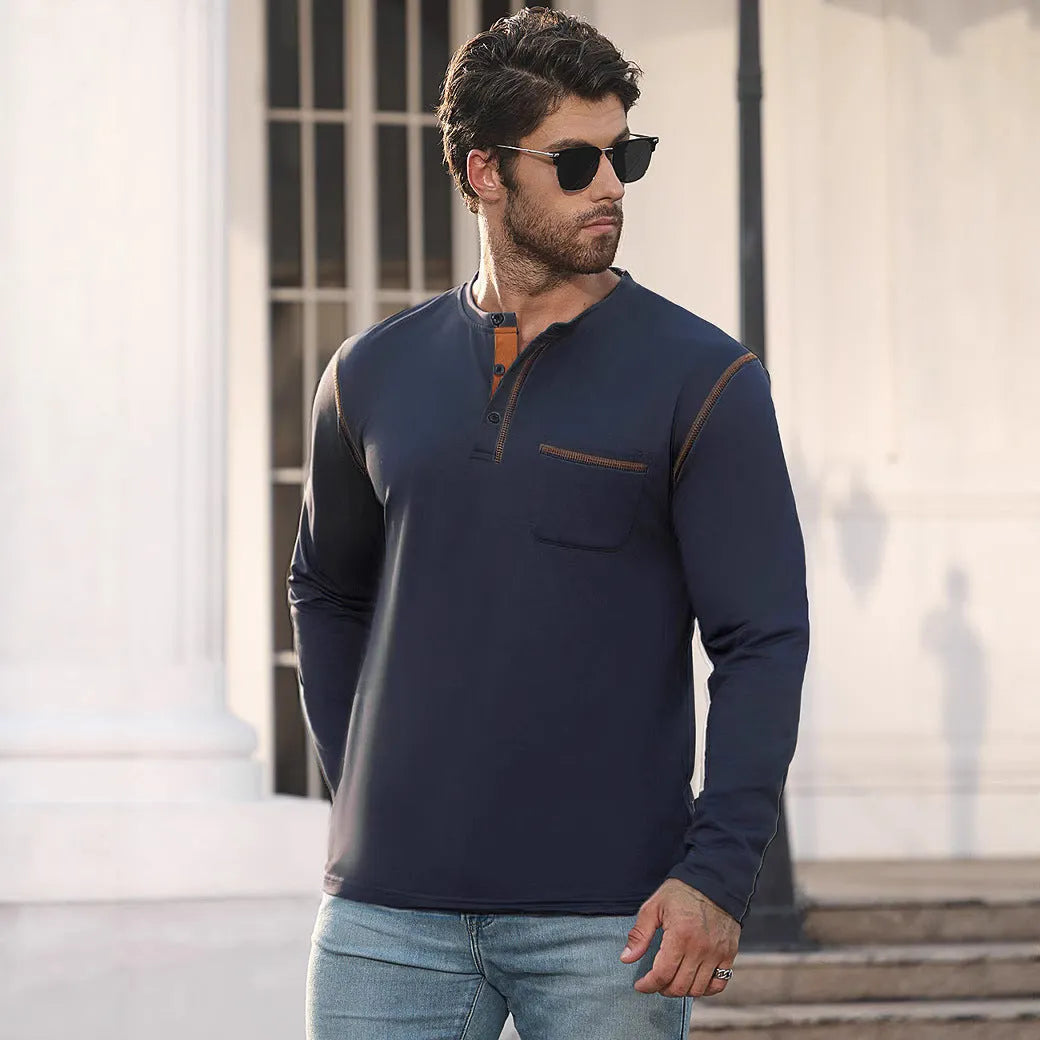 Men's long sleeve stand collar polo shirt sweater, cotton blend, asymmetric hem, shown in six colours.