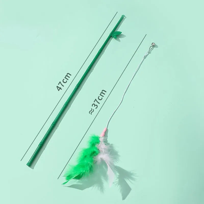 Green interactive cat feather wand toy with bell and feather attachments