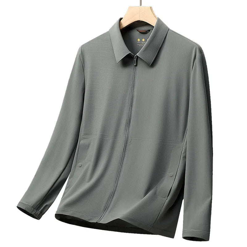 Men's summer lapel business shirt in nylon spandex blend fabric available in navy blue, grey green, and creamy white