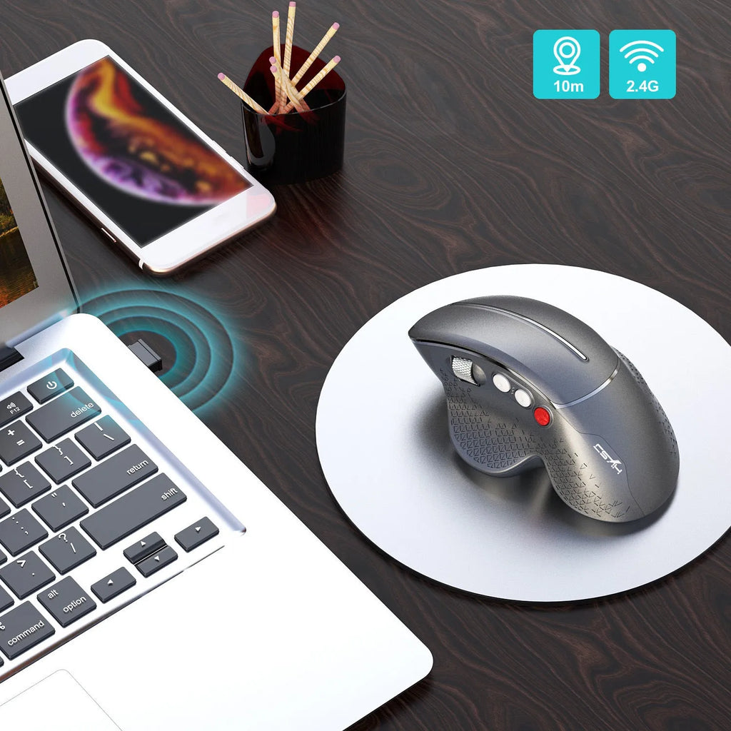 T32 wireless vertical ergonomic mouse in black matte finish showing aluminium side roller and six-button layout