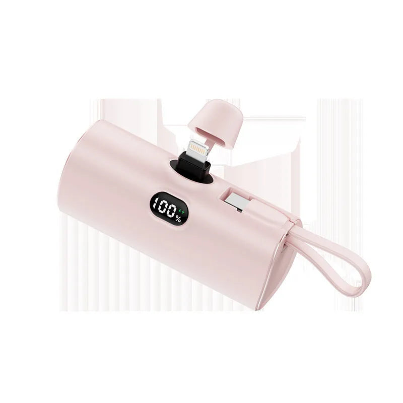 Capsule digital display wireless pocket power bank showing five colour options with integrated plug