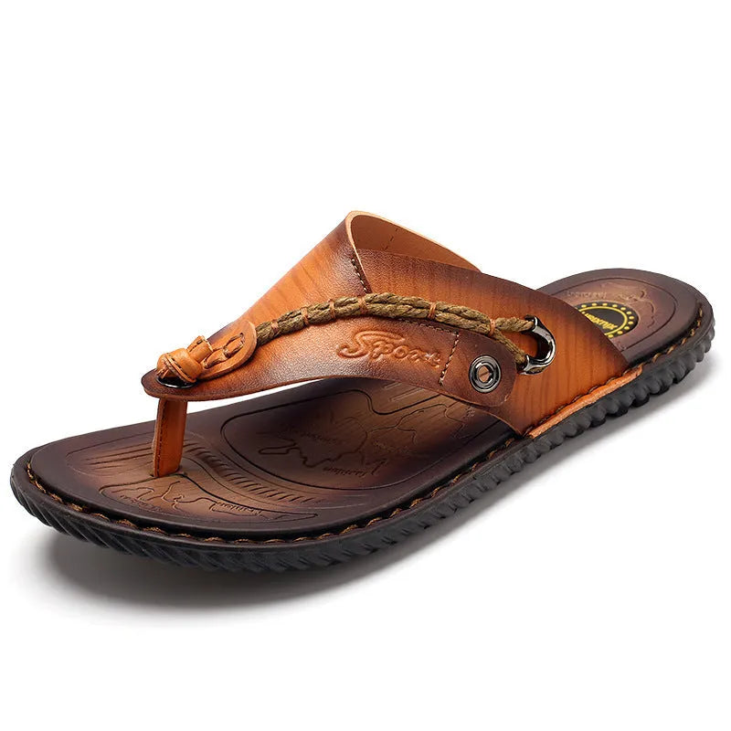 Men's black PU leather non-slip slippers on a plain background showing size and sole detail