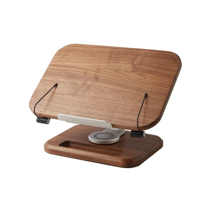 Black walnut solid wood adjustable rotating reading rack holding a book