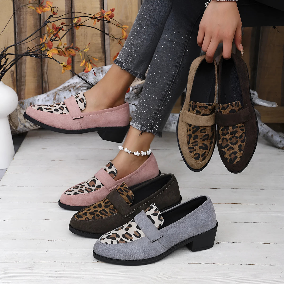 Leopard print suede slip-on shoes with chunky mid heel and pointed toe in brown, khaki, and pink