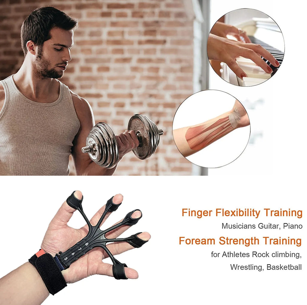 Black silicone finger trainer with adjustable belt for hand rehabilitation exercises