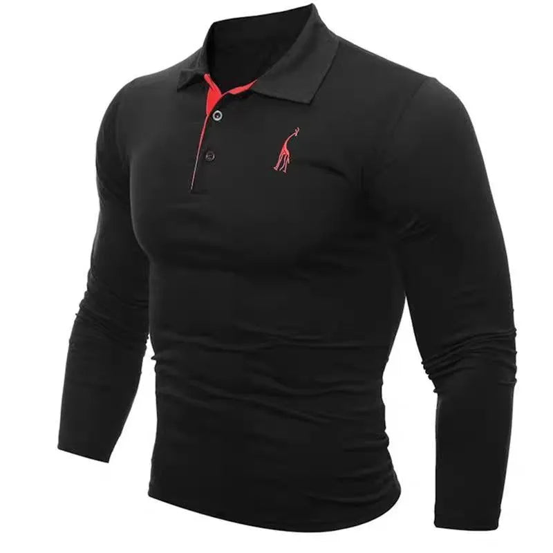 Men's loose fit long sleeve polo collar top with embroidered deer digital design, white or dark blue