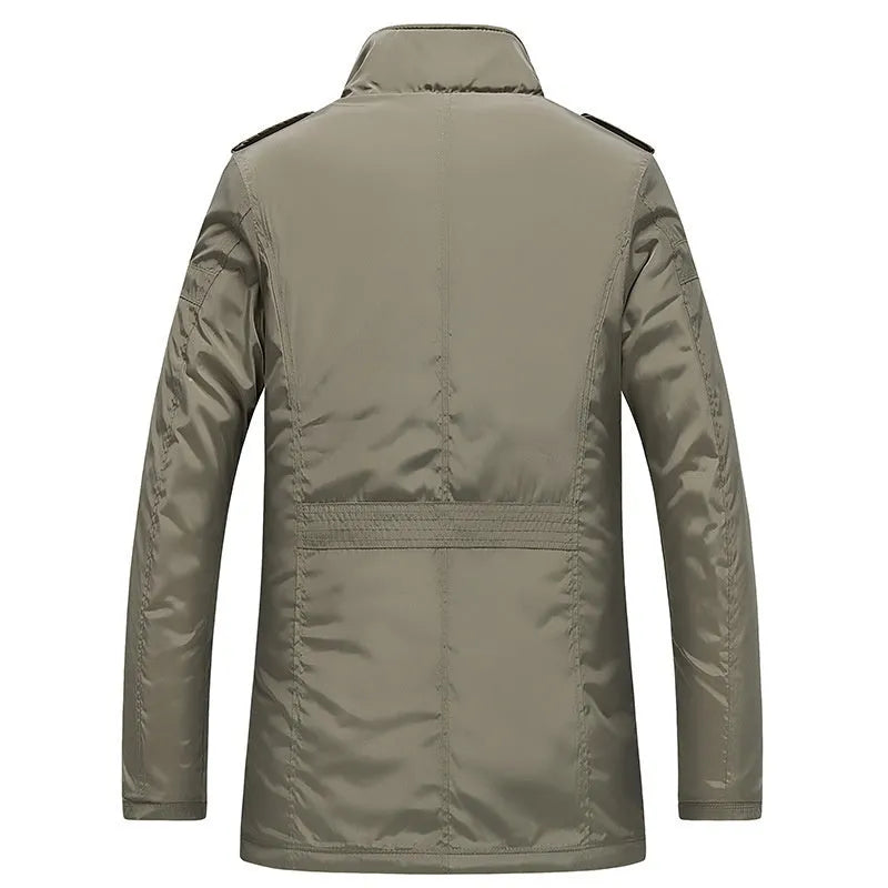 Men's mid-length windproof casual jacket, oversized loose fit, khaki or black, zip pocket, sizes XXS to XXL
