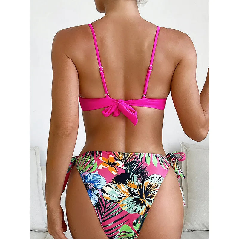 Rose red women's bikini swimsuit with braid rope detailing in polyester fabric