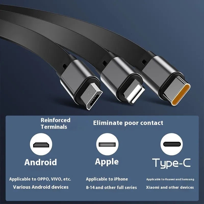 Three-in-one telescopic data cable, 100W fast charge, Mini USB, 0.5-1m, grey black and silver red
