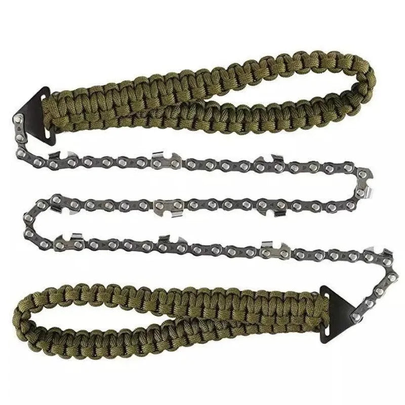 Army Green braided rope pocket saw fully extended to 103 cm length on outdoor ground surface