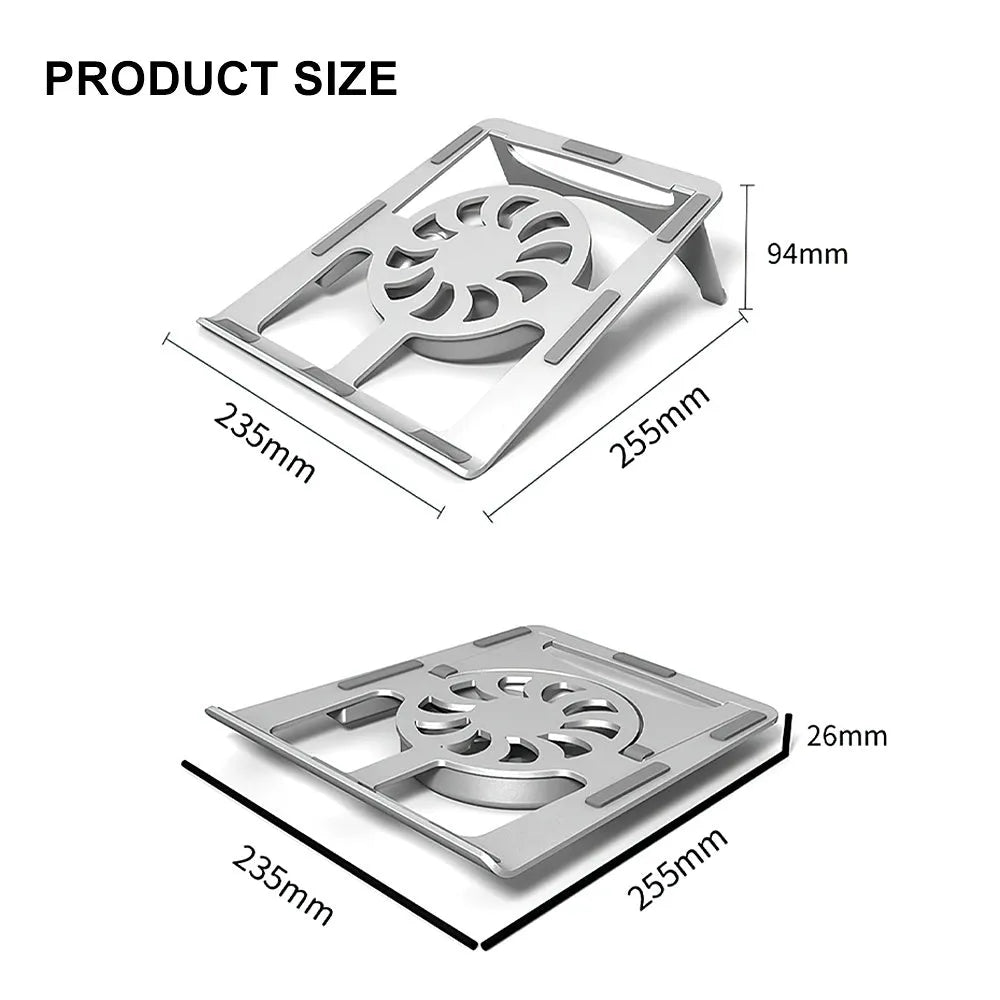 M9 silver aluminium alloy folding laptop stand on desk with closed legs