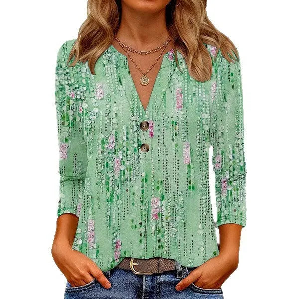 Women's loose casual V-neck top with 3D effect print in Japanese Korean style.