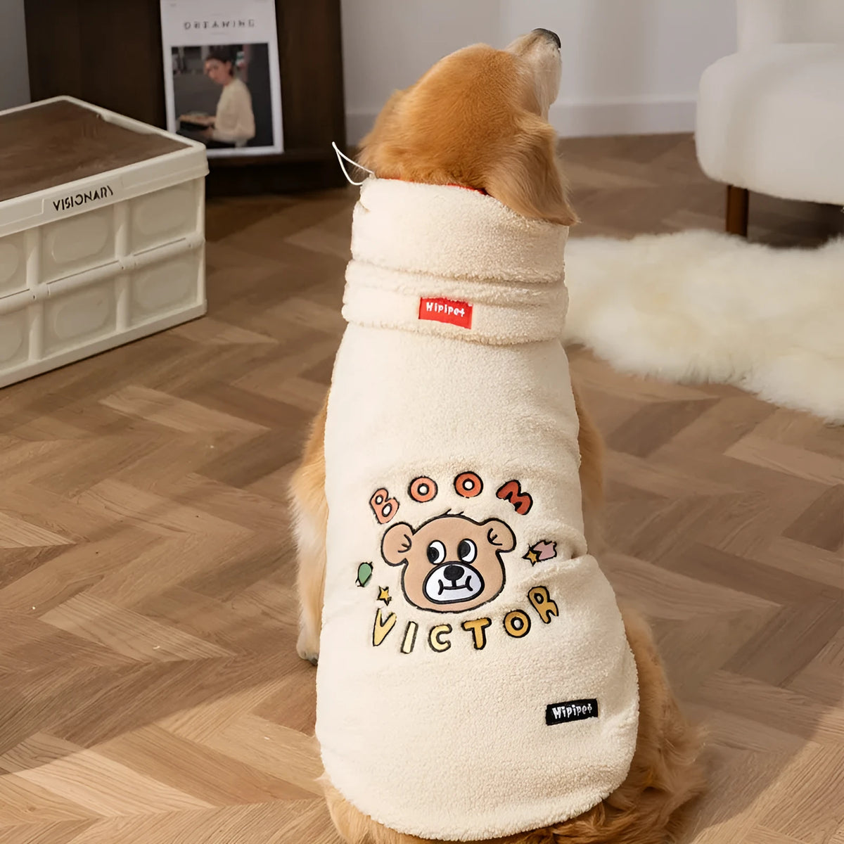 Beige Sherpa dog vest with bear pattern for large dogs on a grey background