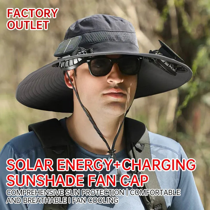 Solar-powered fan hat for men's outdoor fishing with USB charging port and adjustable brim