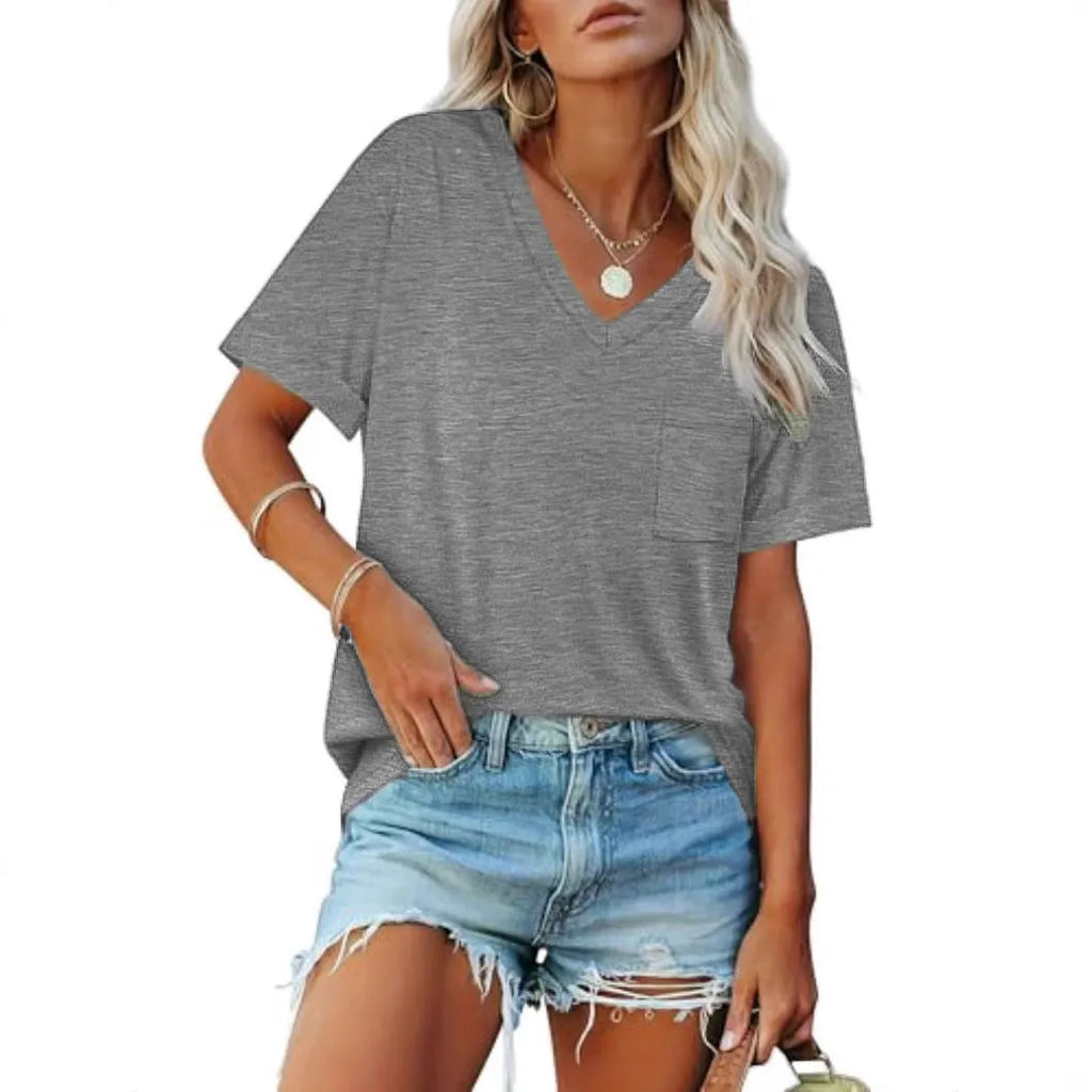 Grey loose fit men's V-neck T-shirt with a chest pocket on a solid background.