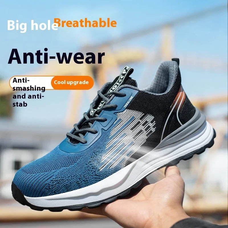 Blue men's safety work shoes with mesh upper, plastic toe cap, and lace-up closure