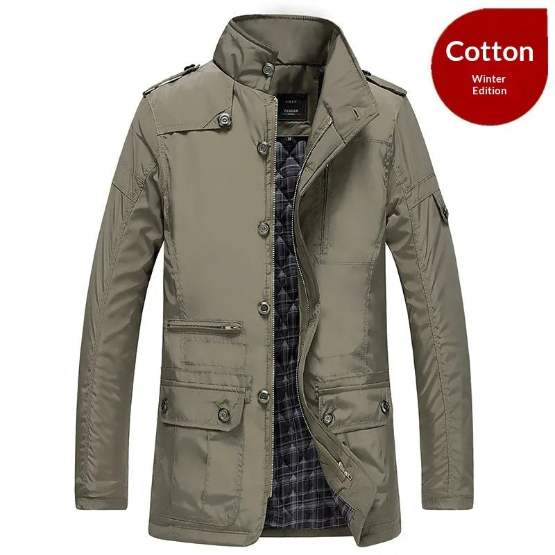 Men's mid-length windproof casual jacket, oversized loose fit, khaki or black, zip pocket, sizes XXS to XXL