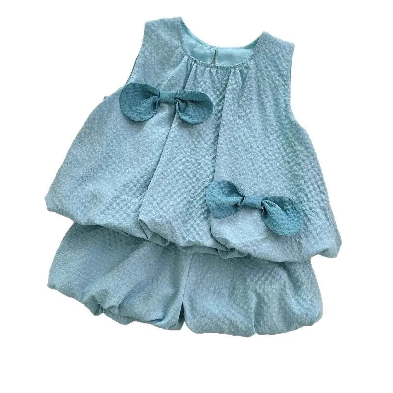 Girls' bowknot sleeveless top and bud-shaped pants two-piece suit in blue green, polyester fabric, summer outfit