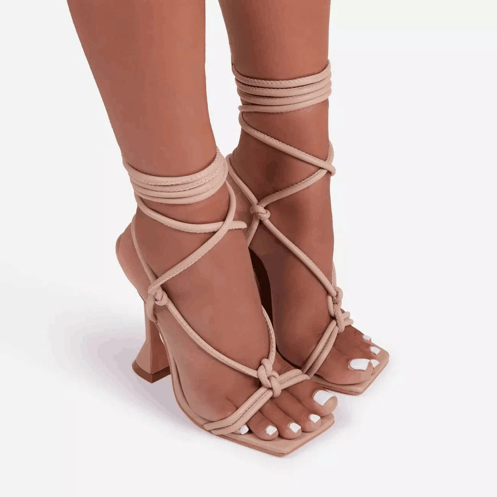 Women's high heel strappy sandals with square toe, cross straps and stiletto heel above 8cm in black, beige or rose red