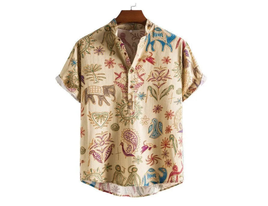 Men's plus size 3D digital print casual shirt in loose cardigan style with elastic polyester fabric