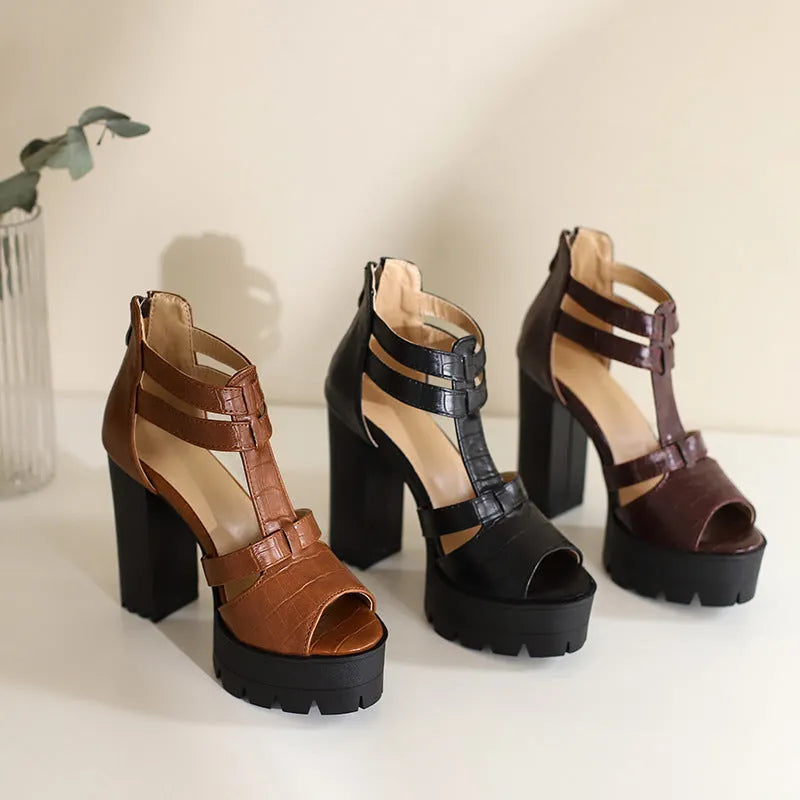 Women's black PU platform high heel sandals with a back zipper and round toe.