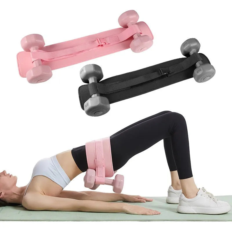 Black and pink weight-bearing hip bridge auxiliary strap for dumbbell and barbell training