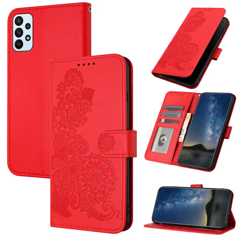 Embossed Datura flower flip leather Samsung phone case with card holder in royal blue