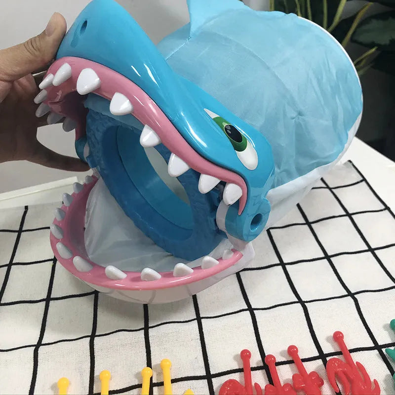 Great White Shark desktop interactive toy with fish pieces and dice, plastic, 26.5 x 26.5 x 9cm.