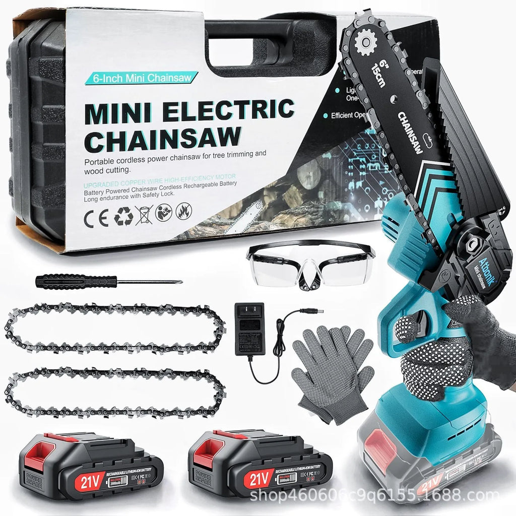6-inch hand held wireless rechargeable lithium electric chainsaw kit with two batteries and storage box