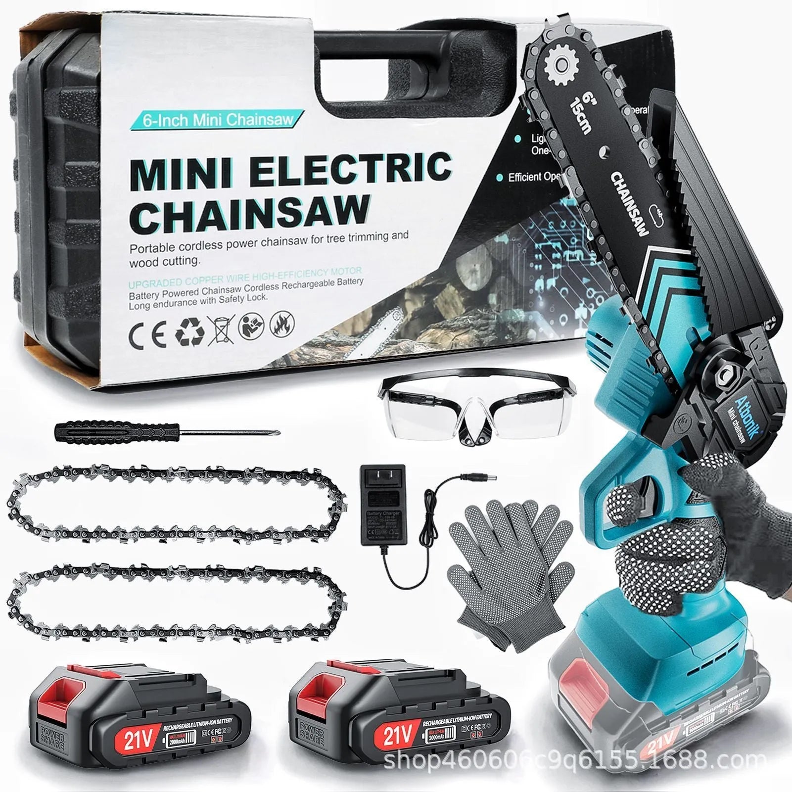 6-inch hand held wireless rechargeable lithium electric chainsaw kit with two batteries and storage box