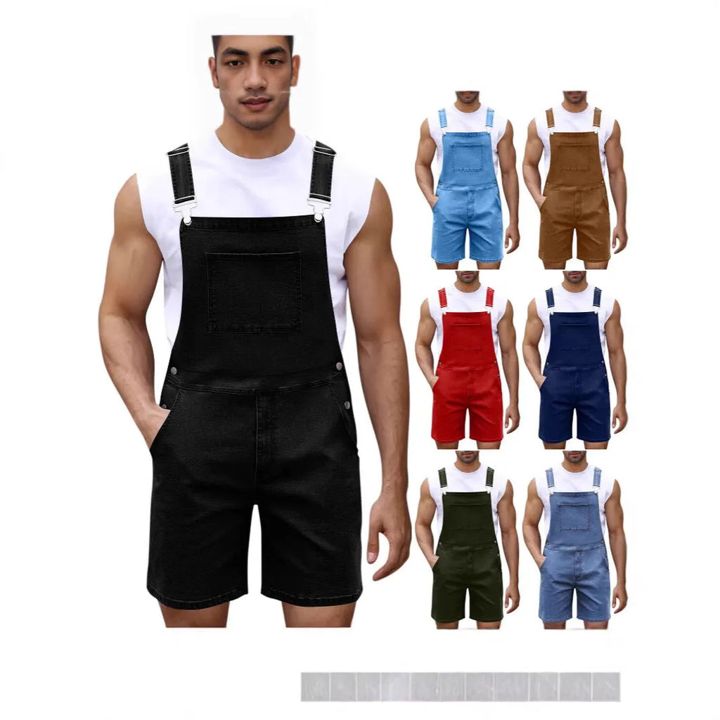 Men's straight-leg denim shorts with zip fly, cotton fabric, available in seven colours and sizes S to XXXL.