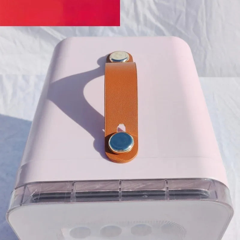 Pink dual-use mini refrigerator with transparent door showing 6L capacity for car and home cooling and heating
