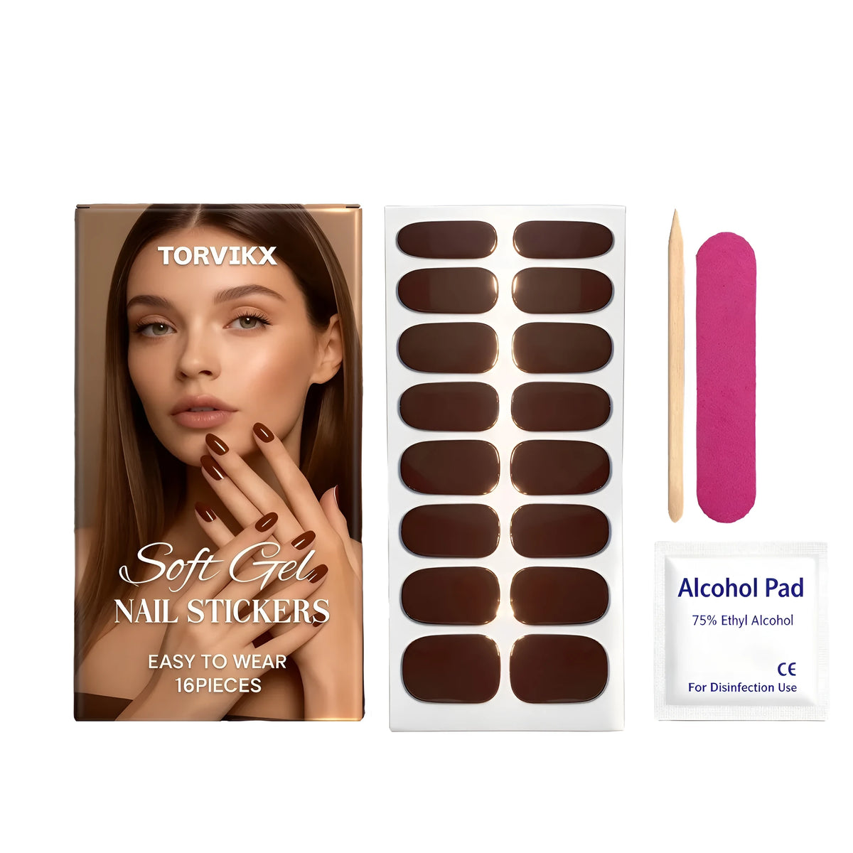 Brown soft gel nail sticker set with 16 coffee colour patches, rubbing strip, wooden stick and alcohol cotton.