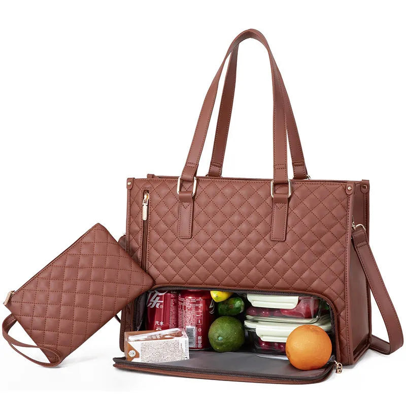 Women's quilted 2-in-1 thermal lunch tote bag with purse, 42 x 32cm, artificial leather, crossbody laptop storage
