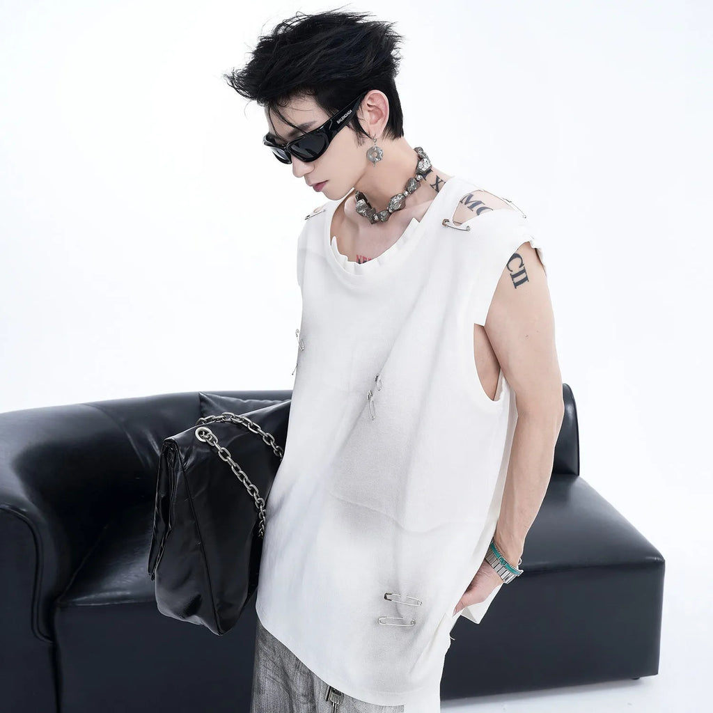 Men's black sleeveless vest waistcoat t-shirt with ripped irregular cutting design and round neck collar