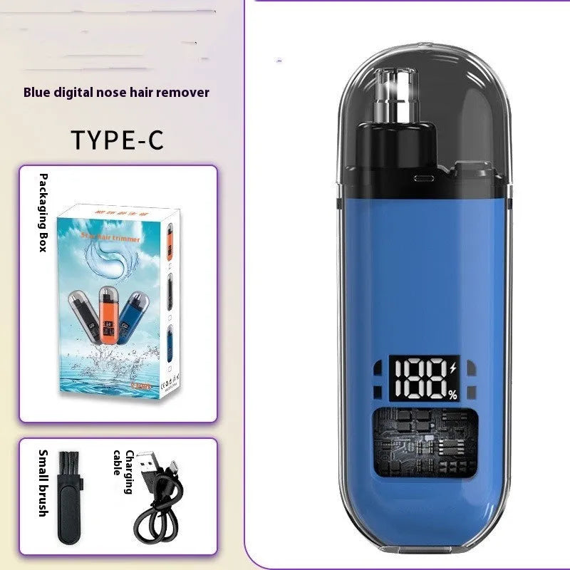 Rechargeable nose hair trimmer with removable cutter head and digital display in black, blue or orange options