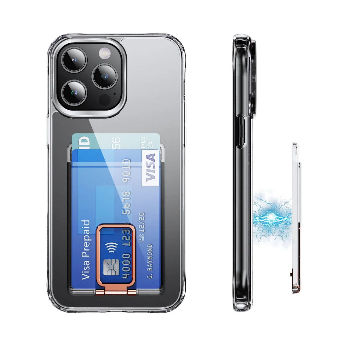 Magnetic card holder bracket with transparent support for phone back cover, shown in black, silver, gold and rose gold options.