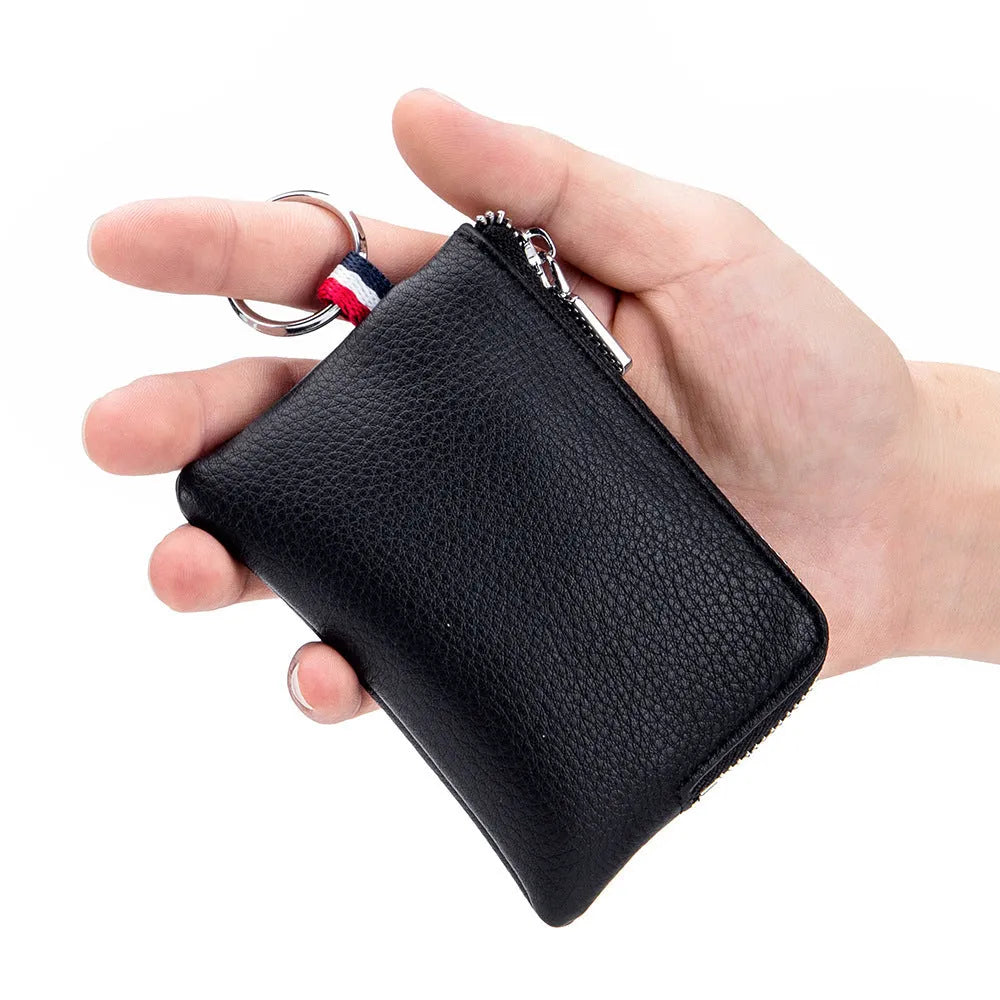 Men's ultra-thin leather zip coin purse in black, brown or green for cards, licence and keys