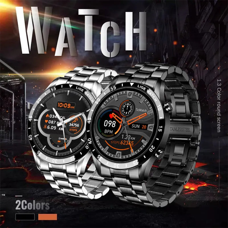Smart pedometer watch with 1.3in touch screen, stainless steel wristband, 46mm dial, heart rate and blood oxygen detection.