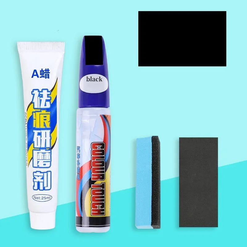 Automotive paint repair pen kit with scratch wax, paint pen, sponge, and sandpaper for car scratches
