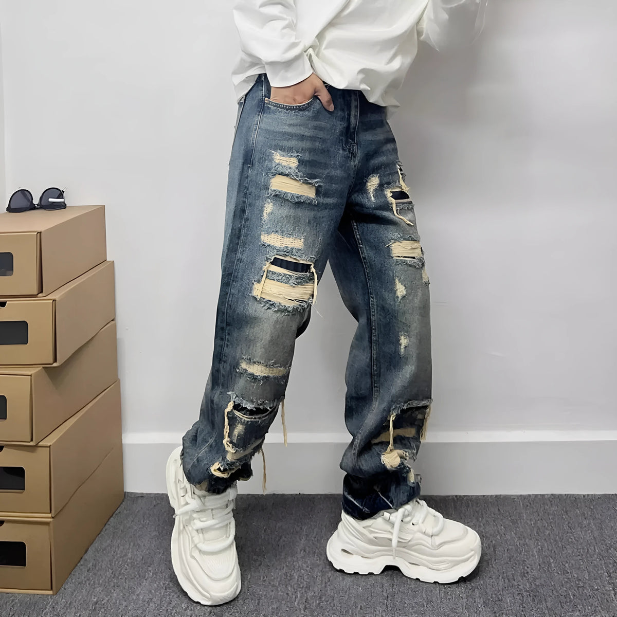 Light blue ripped patch denim jeans for teenagers mid waist zip fly cotton