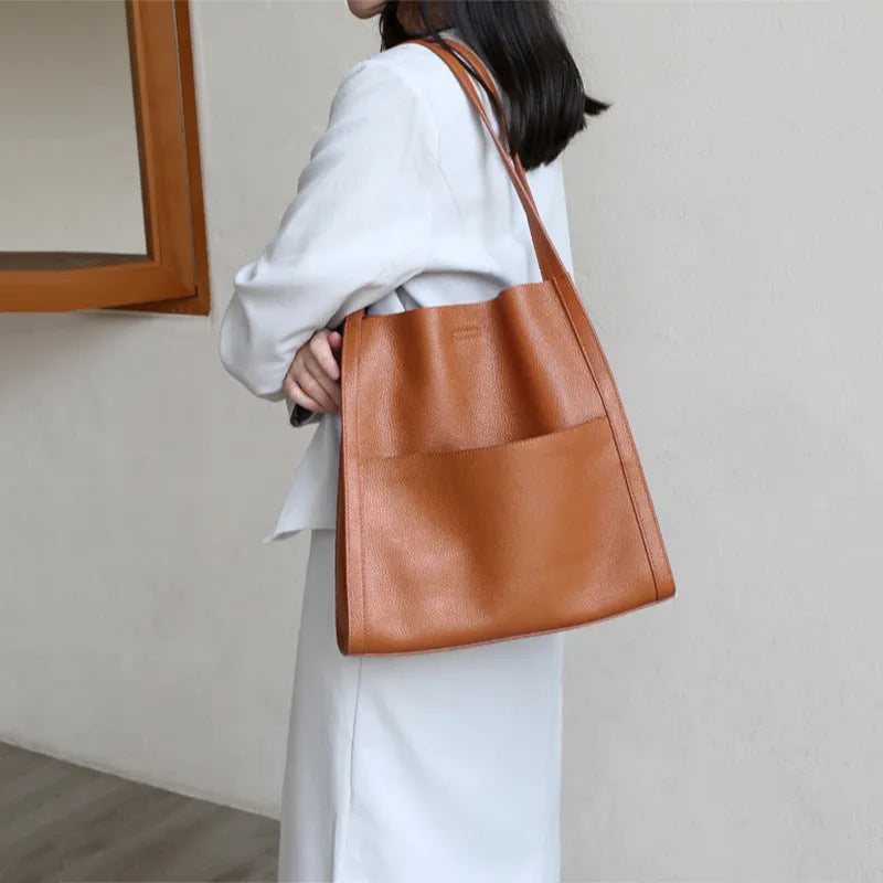 Genuine leather business commute shoulder bag square vertical shape soft first layer cowhide black colour