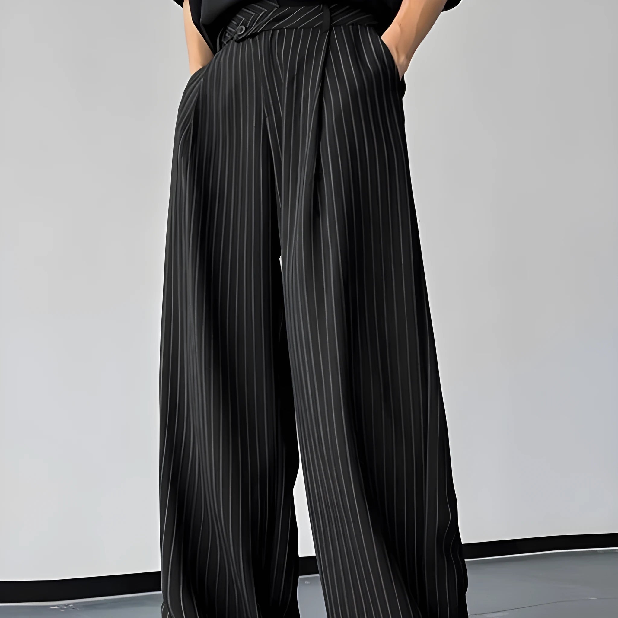 Black men's vertical striped pleated casual trousers showing elastic fabric and rabbit hair bamboo fibre materials