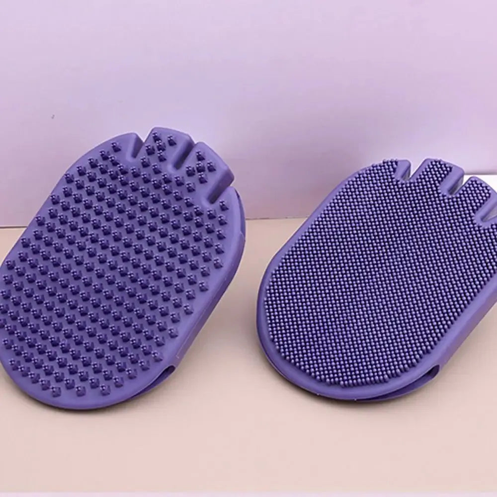 Purple massaging pet shampoo brush with soft TPR bristles for dog grooming