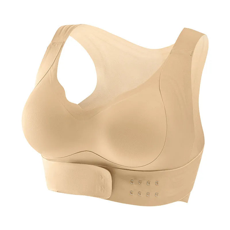 Women's front buckle exercise bra for yoga and cross training with 3/4 moulded cups