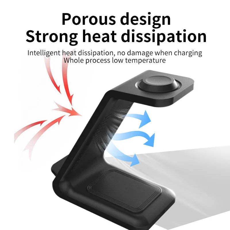3-in-1 upright wireless charging phone stand in black or white with dual coil technology and QC3.0 fast charging