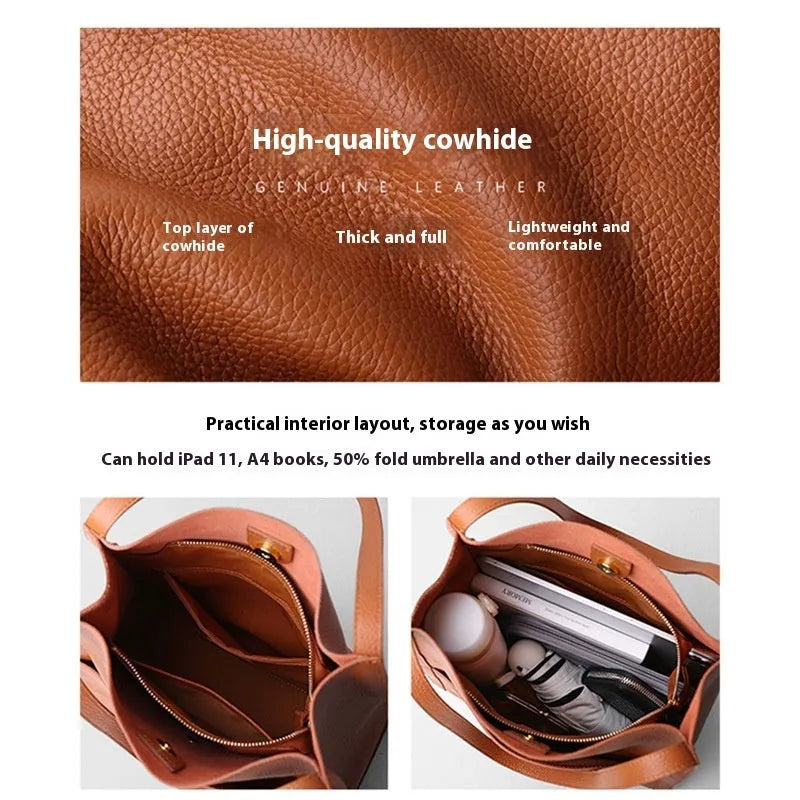 Genuine leather business commute shoulder bag square vertical shape soft first layer cowhide black colour