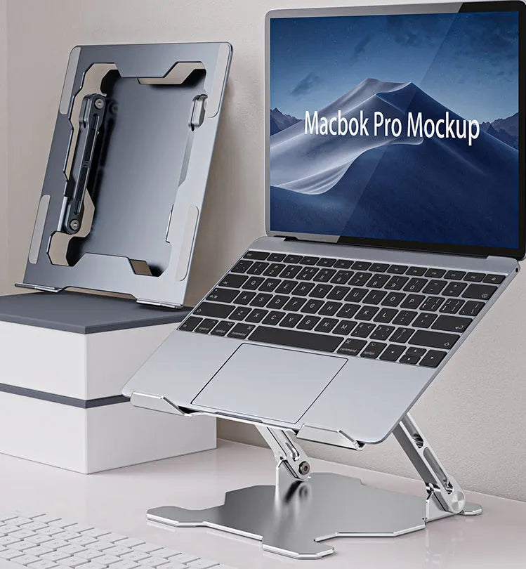 Grey aluminium adjustable laptop stand in folded and open positions, showing hollow design